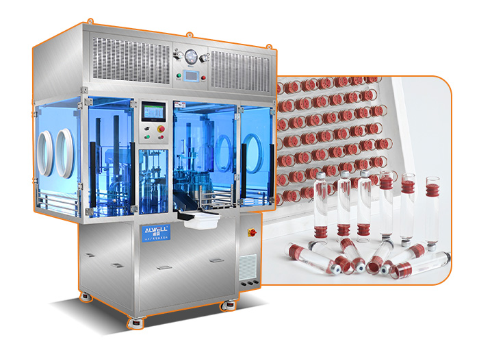 Cross-linked liquid product pre-filled needle filling machine